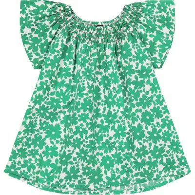 Busy Bees Kids'  Molly Smocked Neck Flutter Sleeve Top In Green Poppy