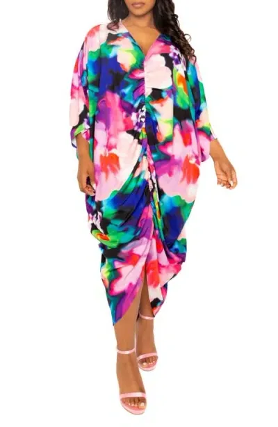 Buxom Couture Abstract Floral Center Ruched Dress In Pink Multi