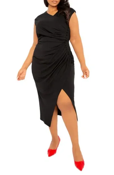 Buxom Couture Asymmetric Button Detail Faux Wrap Midi Dress In Black