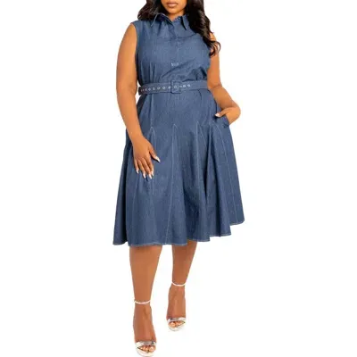 Buxom Couture Belted Denim Shirtdress In Denim Blue