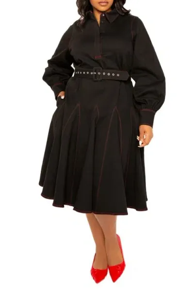 Buxom Couture Belted Long Sleeve Denim Shirtdress In Denim Black