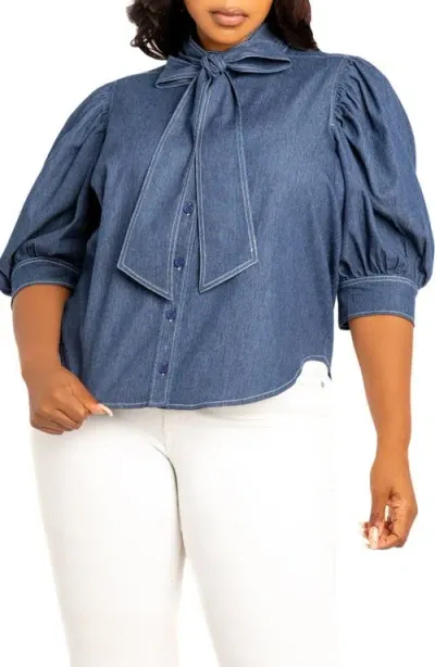 Buxom Couture Bow Neck Denim Shirt In Denim Blue