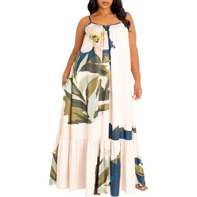 Buxom Couture Floral Print Voluminous Maxi Dress In Beige Multi