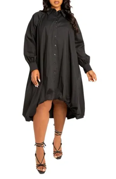 Buxom Couture Long Sleeve High-low Bubble Hem Shirtdress In Black