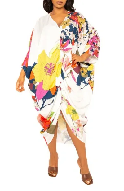 Buxom Couture Print Cinch Waist Caftan Dress In White Multi