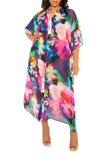 Buxom Couture Print Cover-up Shirtdress In Pink Multi