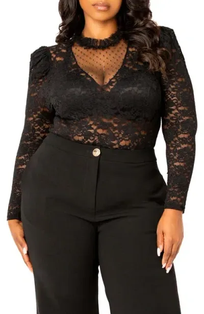 Buxom Couture Sheer Stretch Lace Long Sleeve Bodysuit In Black