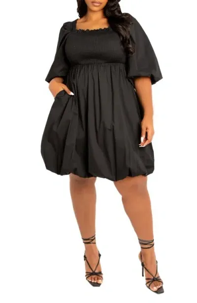 Buxom Couture Smocked Puff Sleeve Cotton Blend Dress In Black