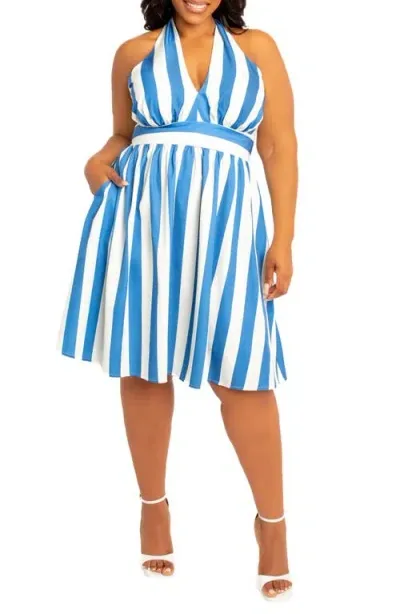 Buxom Couture Stripe Halter Dress In Blue Stripe