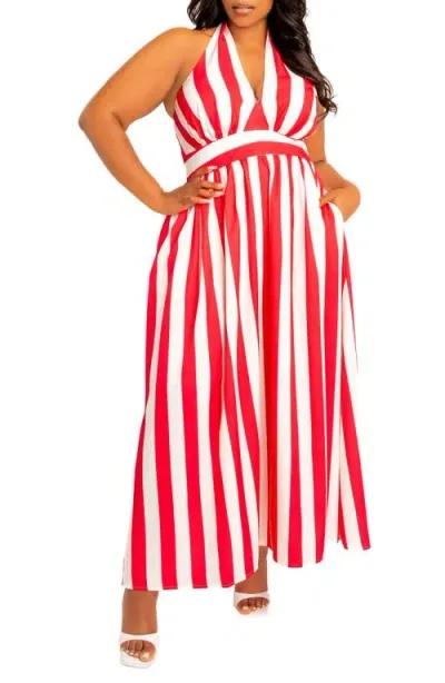 Buxom Couture Stripe Halter Maxi Dress In Red Stripe