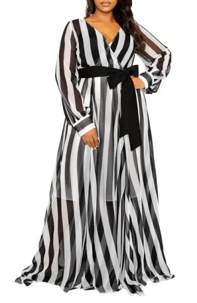 Buxom Couture Stripe Semisheer Tie Belt Foux Wrap Maxi Dress In Black White