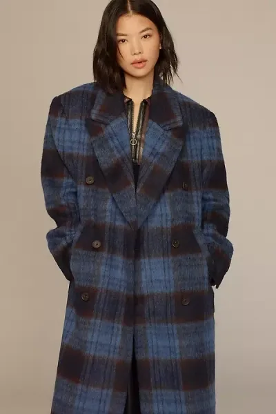 By Anthropologie Checked Long Coat Jacket In Blue