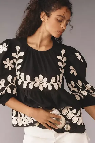 By Anthropologie Crew-neck Embroidered Blouse In Black