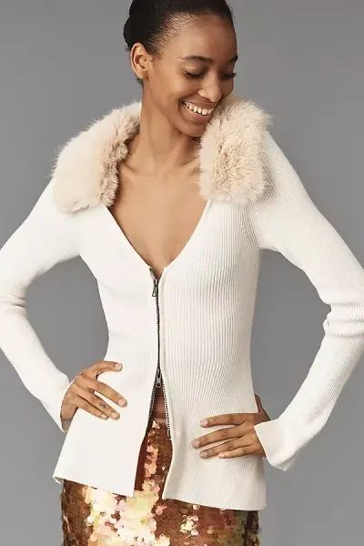 By Anthropologie Faux-fur Trim Sweater In White