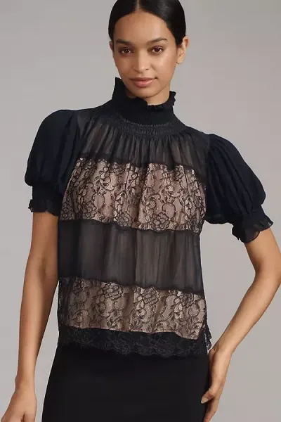 By Anthropologie High-neck Lace Swing Blouse In Black