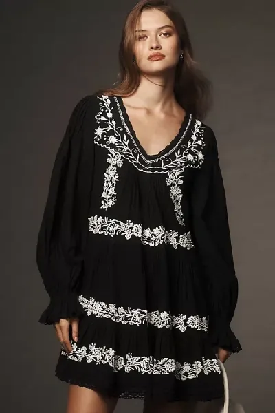 By Anthropologie Long-sleeve Embroidered Pintuck Swing Mini Dress In Black