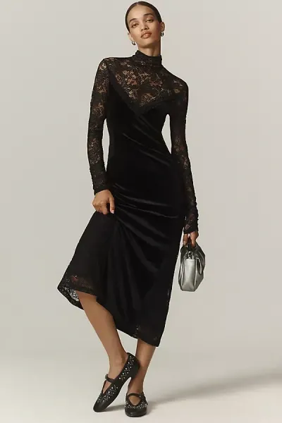 By Anthropologie Long-sleeve Mock-neck Lace Velvet Slip Midi Dress In Black