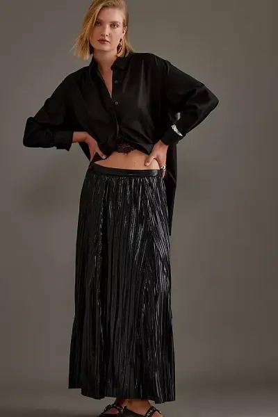 By Anthropologie Metallic Midi Skirt In Black