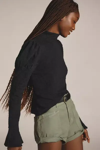 By Anthropologie Puff-sleeve Turtleneck Jacquard Top In Black