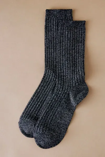 By Anthropologie Ribbed Lurex Trouser Socks, Set Of 2 In Black