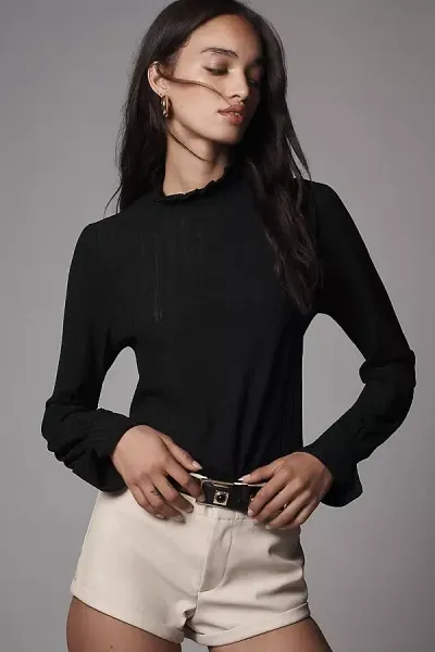 By Anthropologie Sheer Rib Long-sleeve Turtleneck Tee In Black