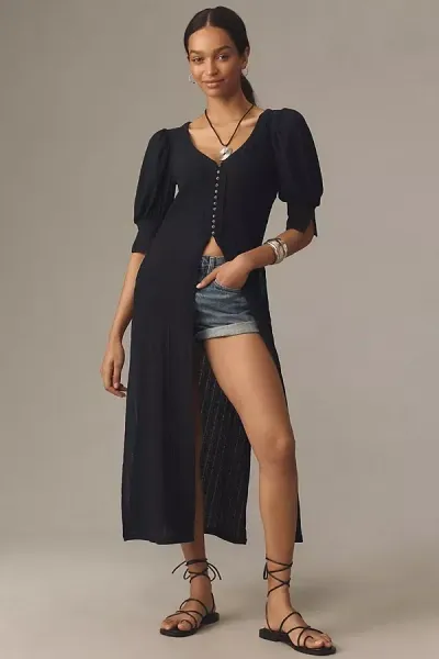 By Anthropologie Sheer Ribbed Button-front Tunic In Black