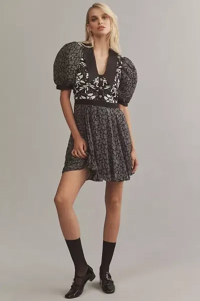 By Anthropologie Short-sleeve Button-front Mini Dress In Black