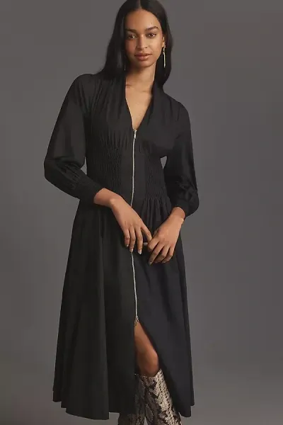 By Anthropologie The Tommie Smocked Front-zip Shirt Dress: Long-sleeve Edition In Black