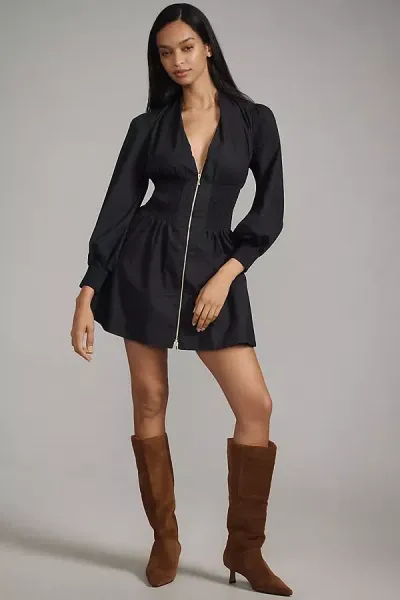 By Anthropologie The Tommie Smocked Front-zip Shirt Dress: Long-sleeve Mini Edition In Black