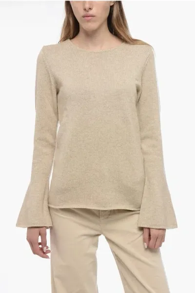 By Malene Birger Wool Crew-neck Sweater With Bell Sleeves In Neutral