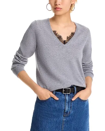 C By Bloomingdale's Cashmere V-neck Lace Trim Cashmere Sweater - Exclusive In Medium Grey