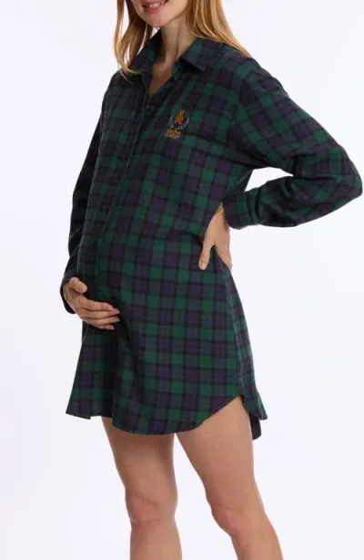 Cache Coeur Teddy Plaid Maternity Sleep Shirt In Green