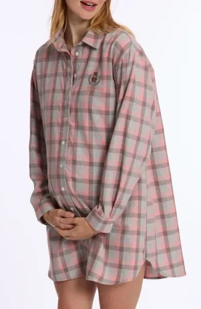 Cache Coeur Teddy Plaid Maternity Sleep Shirt In Grey