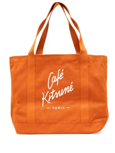 Café Kitsuné Logo Print Canvas Tote Bag In Orange