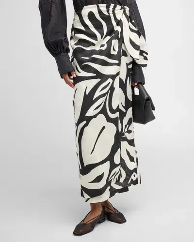 Cala De La Cruz Orito Floral Linen Maxi Wrap Skirt In Black