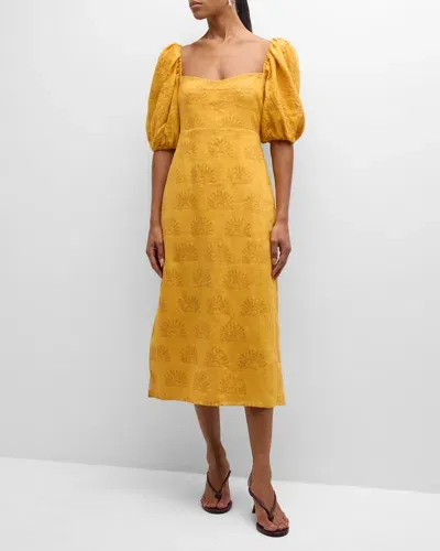 Cala De La Cruz Uti Puff-sleeve Linen Midi Dress In Yellow