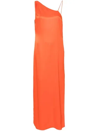 Calvin Klein Asymmetric Satin Maxi Dress In Orange