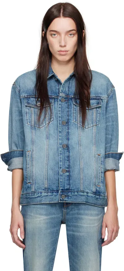 Calvin Klein Blue Halo Selvedge Elongated Trucker Denim Jacket In Alloy Indigo