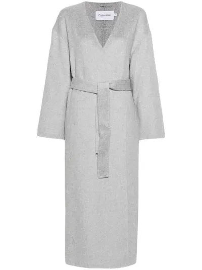 Calvin Klein Wrap-design Belted Coat In Grey