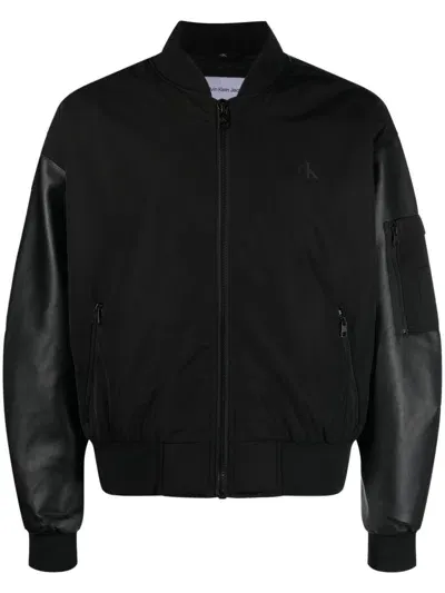 Calvin Klein Jeans Est.1978 Faux Leather-sleeve Bomber Jacket In Black