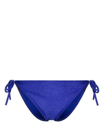 Calvin Klein Logo-tape Ribbed Bikini Bottoms In Blue