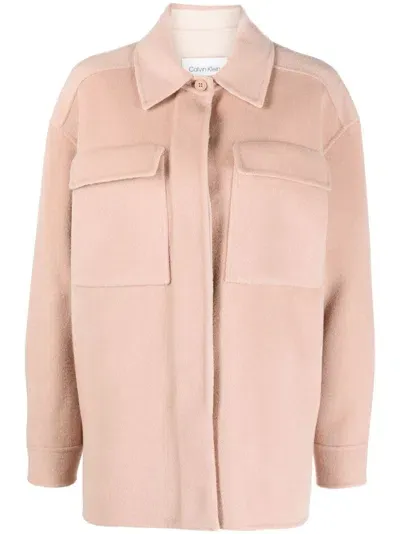 Calvin Klein Spread-collar Wool Shirt Jacket In Pink