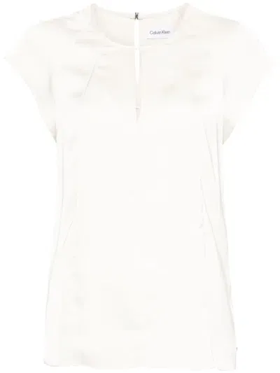 Calvin Klein Keyhole-neck Satin Blouse In Beige