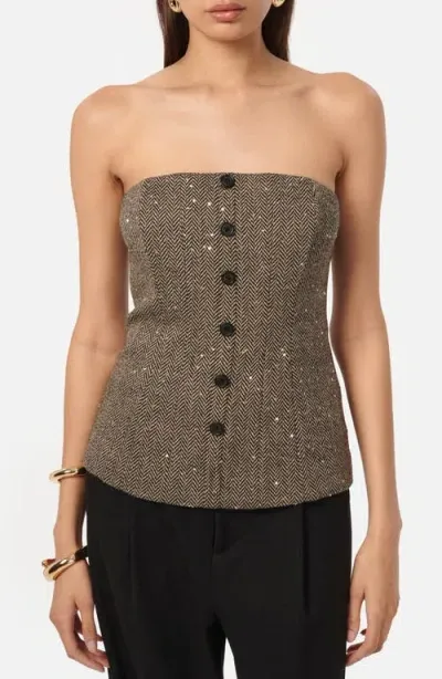 Cami Nyc Elliot Sequin Wool Blend Herringbone Strapless Top In Black And Tan