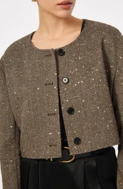 Cami Nyc Serrano Sequin Wool Blend Herringbone Crop Jacket In Black And Tan