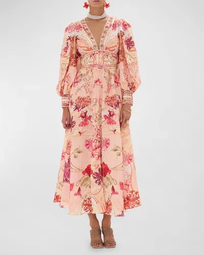 Camilla Floral Linen Shaped Waistband Maxi Dress In Pink