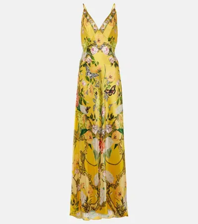 Camilla Floral Silk Satin Slip Dress In Yellow