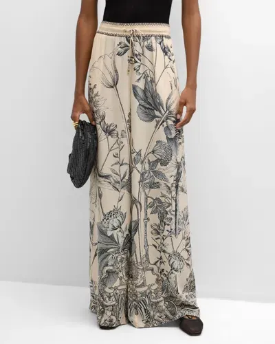 Camilla Floral Silk Straight Wide-leg Pants In Beige/