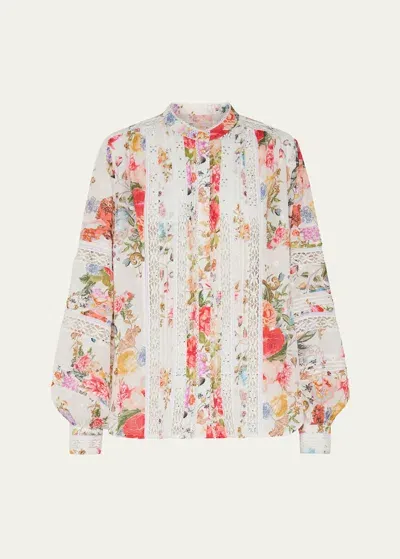 Camilla Lace-trim Floral Cotton Blouson-sleeve Blouse In White