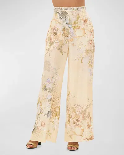 Camilla Minimal Floral Silk-blend Wide-leg Pants In Adorned In Antiquity